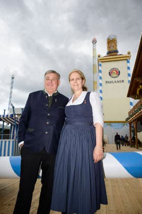 From left: Lorenz and Christine Stiftl, the married couple who run the Paulaner Festzelt. Official press tour at the Oktoberfest (Wiesn), Munich, September 17, 2026