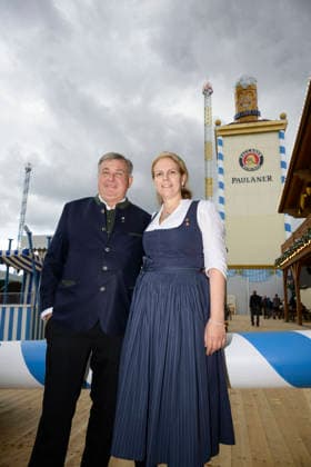 From left: Lorenz and Christine Stiftl, the husband-and-wife team who run the Paulaner tent. Official press tour at the Oktoberfest (Wiesn), Munich, September 17, 2026