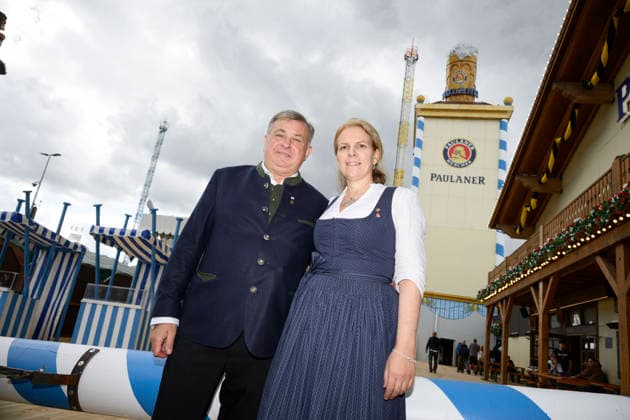 From left: Lorenz and Christine Stiftl, the husband-and-wife team who run the Paulaner tent. Official press tour at the Oktoberfest (Wiesn), Munich, September 17, 2026