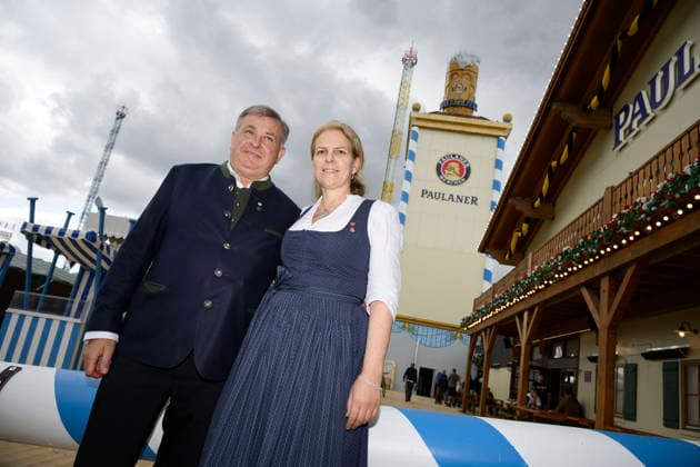 From left: Lorenz and Christine Stiftl, the husband-and-wife team who run the Paulaner tent. Official press tour at the Oktoberfest (Wiesn), Munich, September 17, 2026
