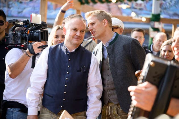 From left: Christian Scharpf, Director of Labor and Economic Affairs and Head of the Wiesn, and Dominik Krause, Mayor of Munich. Official press tour at the Oktoberfest (Wiesn), Munich, September 17, 2026