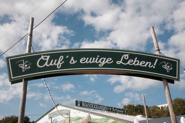 To Eternal Life sign at the entrance to the Boandlkramerei festival tent at the Oidn Wiesn Official press tour at the Oktoberfest Wiesn, Munich, September 17, 2026