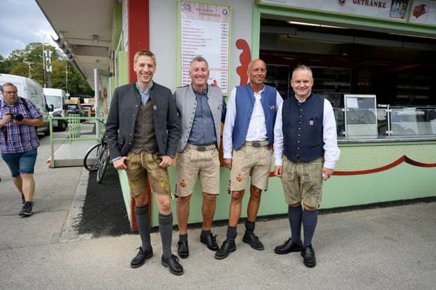 From left: Dominik Krause, Mayor of Munich; Christian Luff Poschner; Thomas Luff Poschner; and Christian Scharpf, Director of Labor and Economic Affairs for the Oktoberfest (Wiesn). Official press tour at the Oktoberfest (Wiesn), Munich, September 17, 2026