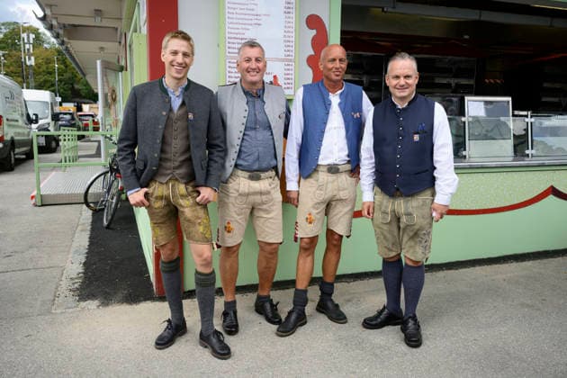 From left: Dominik Krause, Mayor of Munich; Christian Luff Poschner; Thomas Luff Poschner; and Christian Scharpf, Director of Labor and Economic Affairs for the Oktoberfest (Wiesn). Official press tour at the Oktoberfest (Wiesn), Munich, September 17, 2026