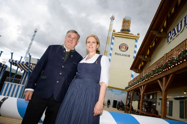 From left: Lorenz and Christine Stiftl, the husband-and-wife team who run the Paulaner Festzelt. Official press tour at the Oktoberfest (Wiesn), Munich, September 17, 2026