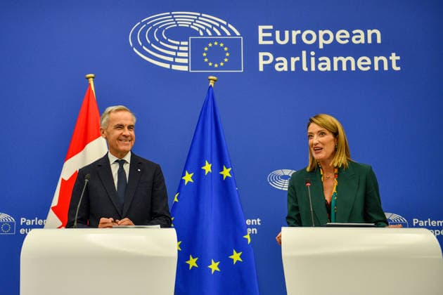 Canadian delegation at European Parliament in Strasbourg STRASBOURG, FRANCE - SEPTEMBER 17: Canadian Prime Minister Mark Carney (L) and European Parliament President Roberta Metsola (R) attend a joint press conference at the European Parliament in Strasbourg, France on September 17, 2026. The press conference follows Carney’s formal address to the European Parliament. Ahmet Selcuk Cumhurlu Anadolu Strasbourg France. Editorial use only. Please get in touch for any other usage.  Copyright: x2026xAnadoluxAhmetxSelcukxCumhurlux