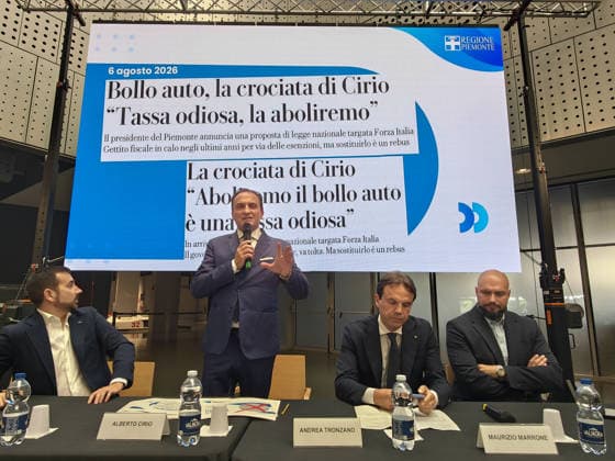 IPA88637958 - Turin: Press conference on the abolition of the vehicle registration tax. Pictured: Piedmont Regional President Alberto Cirio, accompanied by Regional Councilors Matteo Marnati (Transport), Andrea Tronzano (Budget), and Maurizio Marrone (Welfare).  Copyright: xSERGIxCOSTANTINOx xCOSTANTINOxSERGIx IPA88637958