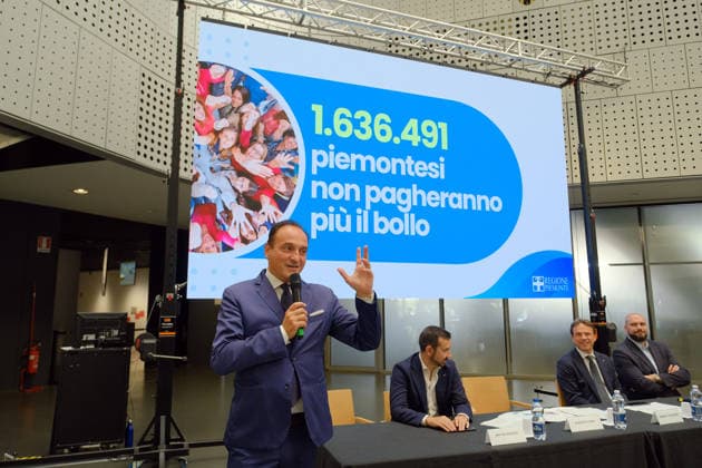 IPA88637963 - Turin: Press conference on the abolition of the vehicle registration tax. Pictured: Piedmont Regional President Alberto Cirio, accompanied by Regional Councilors Matteo Marnati (Transport), Andrea Tronzano (Budget), and Maurizio Marrone (Welfare).  Copyright: xCOSTANTINOxSERGIx xCOSTANTINOxSERGIx IPA88637963