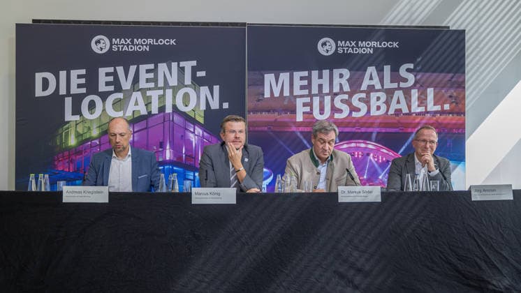 Statement of Interest by the City of Nuremberg, the Free State of Bavaria, and the BLSV Regarding the 20XX Finals, Nuremberg, September 17, 2026. At the Max Morlock Stadium, Mayor Andreas Kriegstein, Lord Mayor Marcus König, Bavarian Minister-President Dr. M 20260917-286A8659-M4000