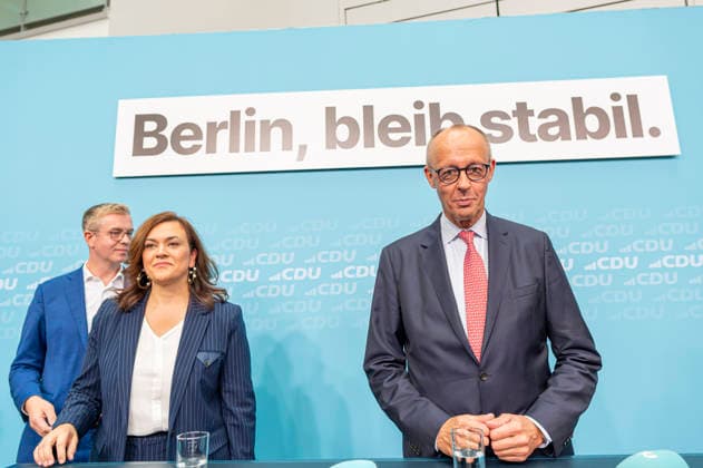 Friedrich Merz, Stefan Evers, EUR, Germany, Berlin, September 17, 2026: Final push of the election campaign at the Konrad Adenauer House with Federal Chancellor Friedrich Merz and Berlin CDU candidate Stefan Evers, under the slogan Keep extremists out of power—solutions from the center.