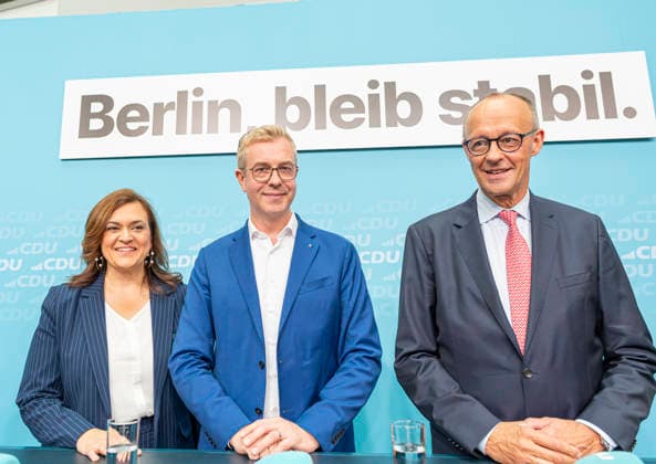 Friedrich Merz, Stefan Evers, EUR, Germany, Berlin, September 17, 2026: Final push of the election campaign at the Konrad Adenauer House with Federal Chancellor Friedrich Merz and Berlin CDU candidate Stefan Evers, under the slogan Keep extremists out of power—solutions from the center.