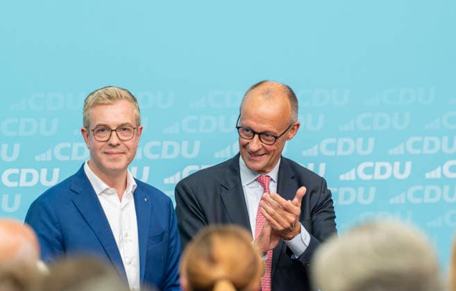 Friedrich Merz, Stefan Evers, EUR, Germany, Berlin, September 17, 2026: Final push of the election campaign at the Konrad Adenauer House with Federal Chancellor Friedrich Merz and Berlin CDU candidate Stefan Evers, under the slogan Keep extremists out of power—solutions from the center