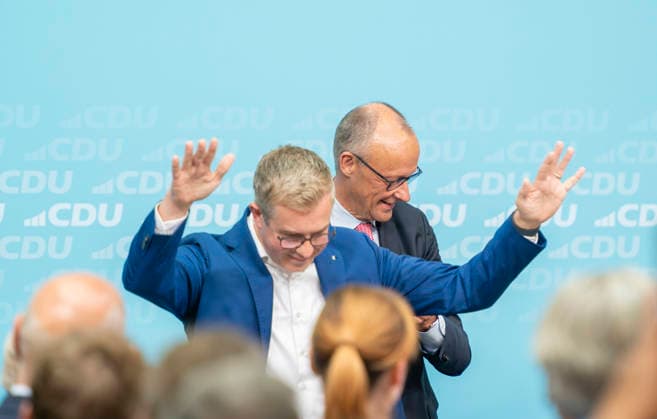 Friedrich Merz, Stefan Evers, EUR, Germany, Berlin, September 17, 2026: Final push of the election campaign at the Konrad Adenauer House with Federal Chancellor Friedrich Merz and Berlin CDU candidate Stefan Evers, under the slogan Keep extremists out of power—solutions from the center
