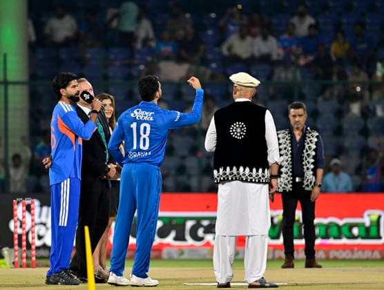 AFG vs IND, 3rd T20I New Delhi, Sep 17 (ANI): Afghanistan skipper Ibrahim Zadran flips the coin as Indian skipper Shreyas Iyer looks on at the toss for their 3rd T20I at Arun Jaitley Stadium, in New Delhi on Thursday. NEW DELHI Delhi India Copyright: xANIx ANI_20260917311