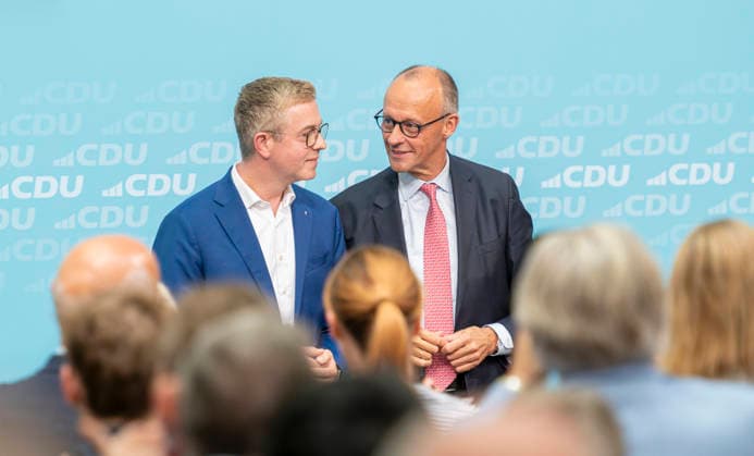 Friedrich Merz, Stefan Evers, EUR, Germany, Berlin, September 17, 2026: Final push of the election campaign at the Konrad Adenauer House with Federal Chancellor Friedrich Merz and Berlin CDU candidate Stefan Evers under the slogan Keep Extremists Out of Power—Solutions from the Center