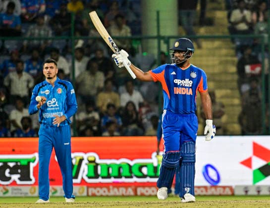 AFG vs IND, 3rd T20I New Delhi, Sep 17 (ANI): India s Sanju Samson celebrates his half-century during the 3rd T20I against Afghanistan at Arun Jaitley Stadium, in New Delhi on Thursday. NEW DELHI Delhi India Copyright: xANIx ANI_20260917382
