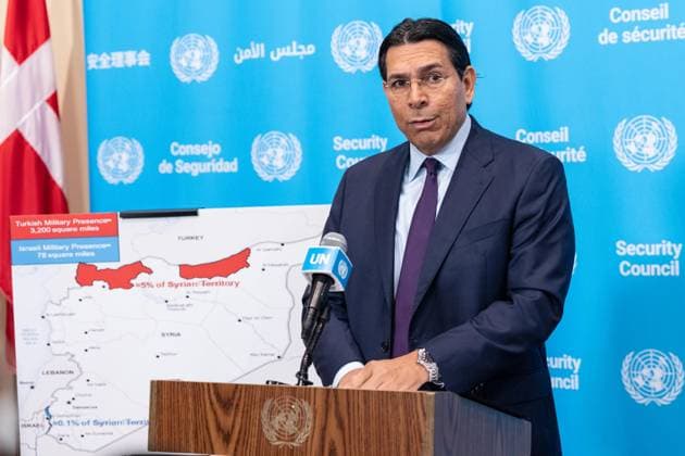September 17, 2026, Bronx, New York, USA: Ambassador Danny Danon of Israel speaks to the press at Security Council stakeout ahead of the meeting on situation in Syria at UN Headquarters in New York, NY on September 17, 2026. He pointed to the map of Syria where Turkiye occupied about 5% and Israel about 0.1% of Syrian territory. Bronx USA  - ZUMAr339 20260917_znp_r339_003 Copyright: xLevxRadinx