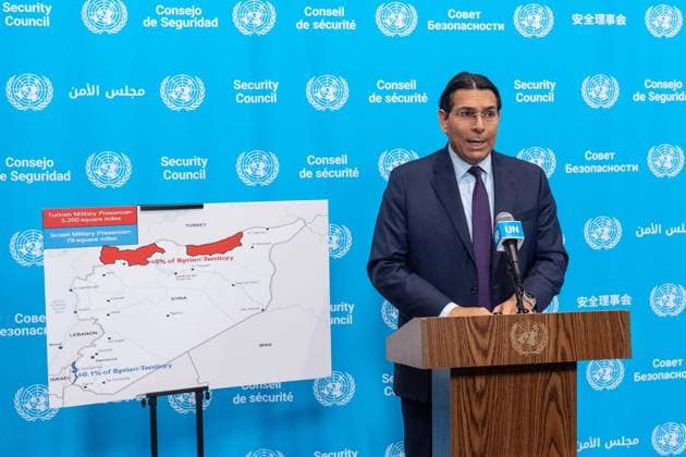 September 17, 2026, Bronx, New York, USA: Ambassador Danny Danon of Israel speaks to the press at Security Council stakeout ahead of the meeting on situation in Syria at UN Headquarters in New York, NY on September 17, 2026. He pointed to the map of Syria where Turkiye occupied about 5% and Israel about 0.1% of Syrian territory. Bronx USA  - ZUMAr339 20260917_znp_r339_031 Copyright: xLevxRadinx