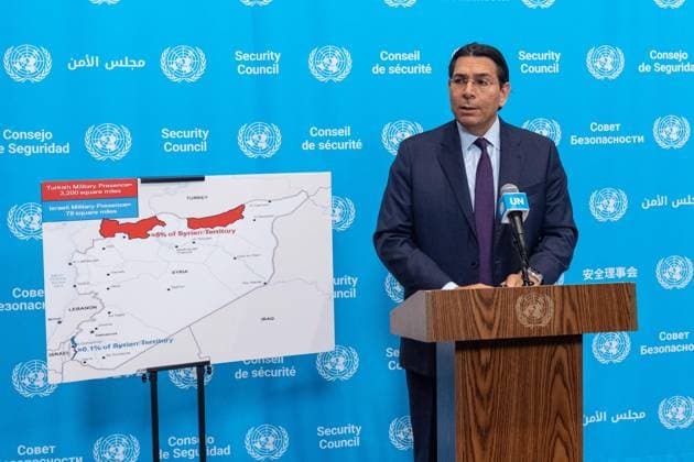 September 17, 2026, Bronx, New York, USA: Ambassador Danny Danon of Israel speaks to the press at Security Council stakeout ahead of the meeting on situation in Syria at UN Headquarters in New York, NY on September 17, 2026. He pointed to the map of Syria where Turkiye occupied about 5% and Israel about 0.1% of Syrian territory. Bronx USA  - ZUMAr339 20260917_znp_r339_032 Copyright: xLevxRadinx