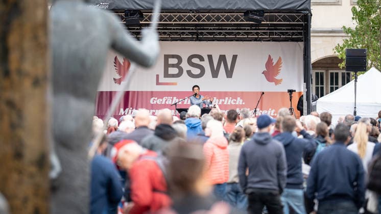 Campaign Wrap-Up Event Featuring a Speech by Party Founder Sahra Wagenknecht: Campaign Wrap-Up for the BSW (Alliance for Social Justice and Economic Reason) Party in Rostock, Rostock, Mecklenburg-Western Pomerania, Germany, Neuer Markt