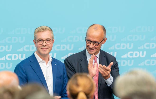 Friedrich Merz, Stefan Evers, EUR, Germany, Berlin, September 17, 2026: Final push of the election campaign at the Konrad Adenauer House with Federal Chancellor Friedrich Merz and Berlin CDU candidate Stefan Evers, under the slogan Keep extremists out of power—solutions from the center.