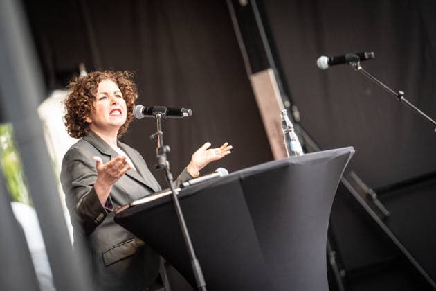 Amira Mohamed Ali, National Chair of the BSW, delivers her speech at the closing event marking the end of the election campaign for the BSW (Alliance for Social Justice and Economic Rationality) in Rostock, Rostock, Mecklenburg-Western Pomerania, Germany, Neuer Markt