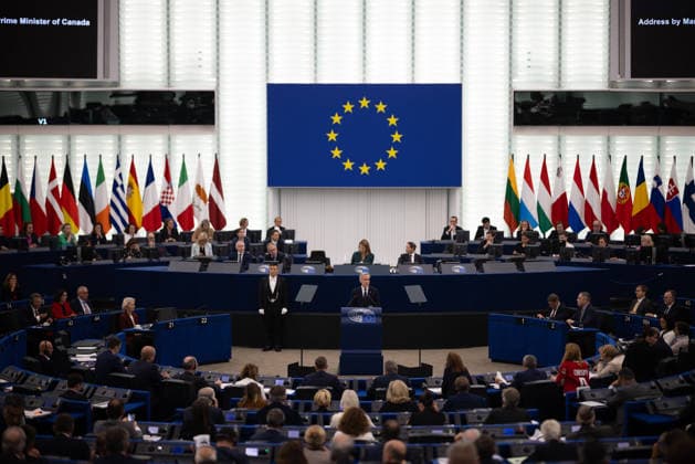 Canadian Prime Minister Mark Carney delivers a speech in the European Parliament hemicycle in Strasbourg, eastern France, on September 17, 2026, during a visit in which he welcomed a proposal by European Commission President Ursula von der Leyen for Canada to become the EU s first associate member. On the same day, Carney rejected threats by US President Donald Trump over Ottawa s push for closer ties with the European Union.  FRN2026091720 CanadianxPresidency