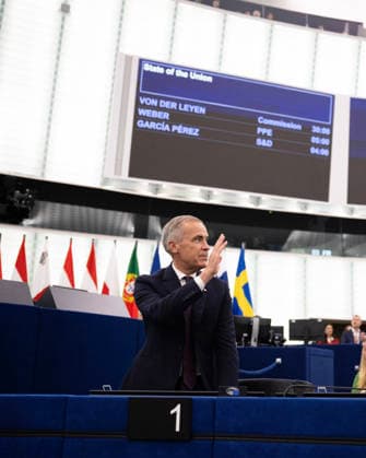 Canadian Prime Minister Mark Carney delivers a speech in the European Parliament hemicycle in Strasbourg, eastern France, on September 17, 2026, during a visit in which he welcomed a proposal by European Commission President Ursula von der Leyen for Canada to become the EU s first associate member. On the same day, Carney rejected threats by US President Donald Trump over Ottawa s push for closer ties with the European Union.  FRN2026091725 CanadianxPresidency