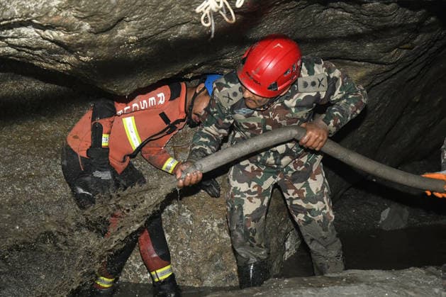 Nepalese rescue teams continued searching for survivors following the devastating glacial floods that swept through the Himalayan region. Officials said 5 bodies were recovered from a tunnel buried by debris in Nepal on September 17, 2026. More than 8,700 Nepal Army personnel have been deployed across the affected areas. A joint rescue team conducted search and recovery operations for human remains and bodies along the Matilo Trishuli River and other flood-affected waterways.  NEP2026091707 NepalesexArmy