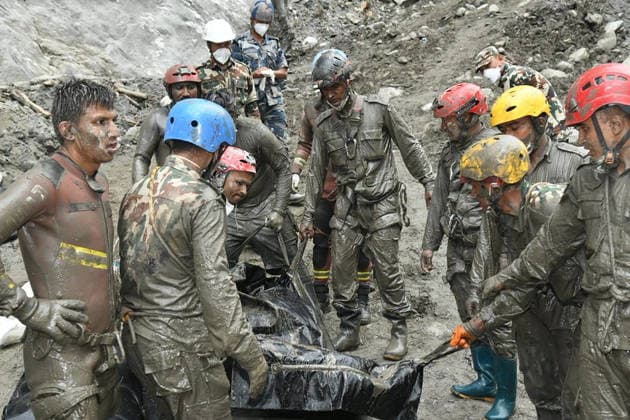Nepalese rescue teams continued searching for survivors following the devastating glacial floods that swept through the Himalayan region. Officials said 5 bodies were recovered from a tunnel buried by debris in Nepal on September 17, 2026. More than 8,700 Nepal Army personnel have been deployed across the affected areas. A joint rescue team conducted search and recovery operations for human remains and bodies along the Matilo Trishuli River and other flood-affected waterways.  NEP2026091709 NepalesexArmy