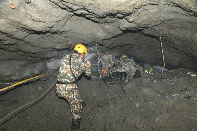 Nepalese rescue teams continued searching for survivors following the devastating glacial floods that swept through the Himalayan region. Officials said 5 bodies were recovered from a tunnel buried by debris in Nepal on September 17, 2026. More than 8,700 Nepal Army personnel have been deployed across the affected areas. A joint rescue team conducted search and recovery operations for human remains and bodies along the Matilo Trishuli River and other flood-affected waterways.  NEP2026091710 NepalesexArmy
