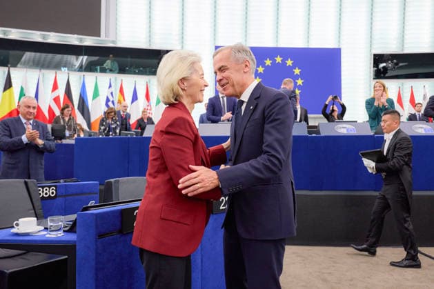 Canada s Prime Minister Mark Carney greets European Commission President Ursula von der Leyen after delivering a speech in the hemicycle at the European Parliament in Strasbourg, eastern France, on Thursday, September 17, 2026, during a visit in which he welcomed a proposal by European Commission President Ursula von der Leyen for Canada to become the European Union s first associate member. On the same day, Carney rejected threats made by U.S. President Donald Trump over Ottawa s efforts to strengthen its ties with the European Union.  FRN2026091704 EuropeanxUnion