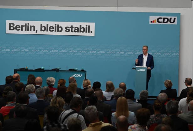 Chancellor Merz joins Evers for CDU Berlin’s Final Campaign Push in Berlin BERLIN, GERMANY - SEPTEMBER 17: Federal Chancellor Friedrich Merz (not seen) and CDU Berlin lead candidate Stefan Evers take part in the final phase of the CDU’s Berlin election campaign under the motto: Keeping Extremists Out of Power. Solutions from the Centre , at the CDU Federal Headquarters in Berlin, Germany, on September 17, 2026. The Berlin House of Representatives election will take place on September 20, 2026. Volodymyr Sindieiev Anadolu Berlin Germany. Editorial use only. Please get in touch for any other usage.  Copyright: x2026xAnadoluxVolodymyrxSindieievx