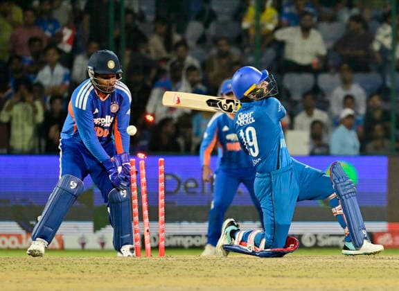 AFG vs IND, 3rd T20I New Delhi, Sep 17 (ANI): Afghanistan s Rashid Khan gets bowled by India s Ravi Bishnoi during the 3rd T20I at Arun Jaitley Stadium, in New Delhi on Thursday. NEW DELHI Delhi India Copyright: xANIx ANI_20260917441