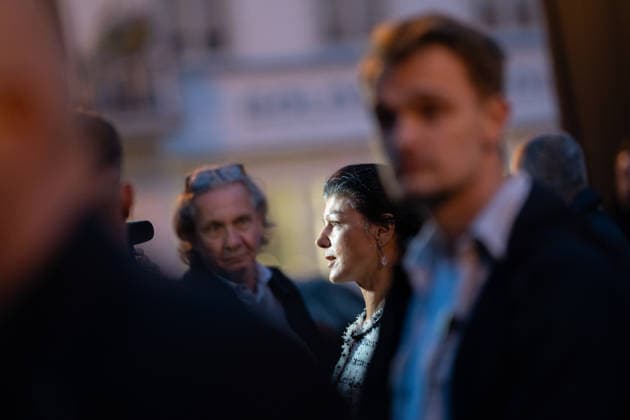 Party founder Sahra Wagenknecht speaks at Am Markt in Schwerin at the closing event for the 2026 state election in Mecklenburg-Western Pomerania; campaign wrap-up for the BSW (Alliance for Social Justice and Economic Reason) party in Schwerin, Schwerin, Mecklenburg-Western Pomerania, Germany; Markt
