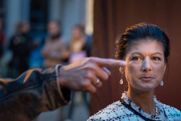 Party founder Sahra Wagenknecht speaks at Am Markt in Schwerin at the closing event for the 2026 state election in Mecklenburg-Western Pomerania; campaign wrap-up for the BSW (Alliance for Social Justice and Economic Reason) party in Schwerin, Schwerin, Mecklenburg-Western Pomerania, Germany; Markt
