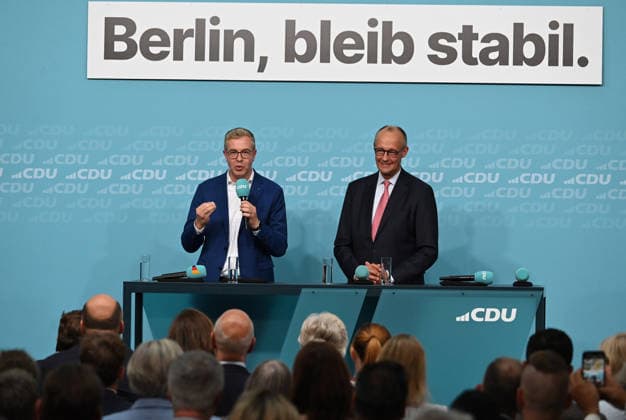 German Chancellor Merz and CDU candidate Evers lead final campaign push for Berlin state election BERLIN, GERMANY – SEPTEMBER 17: Federal Chancellor Friedrich Merz and CDU Berlin lead candidate Stefan Evers take part in the final phase of the CDU’s Berlin election campaign under the motto: Keeping Extremists Out of Power. Solutions from the Centre , at the CDU Federal Headquarters in Berlin, Germany, on September 17, 2026. The Berlin House of Representatives election will take place on September 20, 2026 Volodymyr Sindieiev Anadolu Berlin Germany. Editorial use only. Please get in touch for any other usage.  Copyright: x2026xAnadoluxVolodymyrxSindieievx