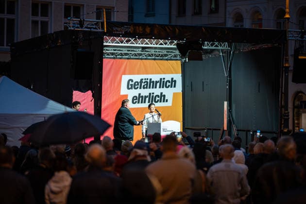 Party founder Sahra Wagenknecht speaks at Am Markt in Schwerin at the closing event for the 2026 state election in Mecklenburg-Western Pomerania; campaign wrap-up for the BSW (Alliance for Social Justice and Economic Reason) party in Schwerin, Schwerin, Mecklenburg-Western Pomerania, Germany; Markt