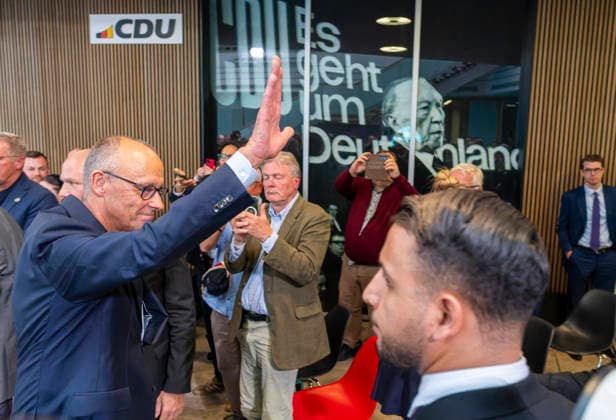 Friedrich Merz, EUR, Germany, Berlin, September 17, 2026: Federal Chancellor Friedrich Merz greets the Berlin CDU campaign team; in the background is a photo of Konrad Adenauer with the slogan It’s About Germany. Final push at the Konrad Adenauer House with Federal Chancellor Friedrich Merz and Berlin CDU candidate Stefan Evers unde