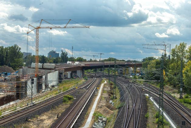 A100 Road Resurfacing of the Westend Bridge, Germany, Berlin-Westend, September 17, 2026: Construction site for the new A100 bridge over the Ringbahn tracks, built to replace the prestressed concrete structure that was demolished in the spring of 2025