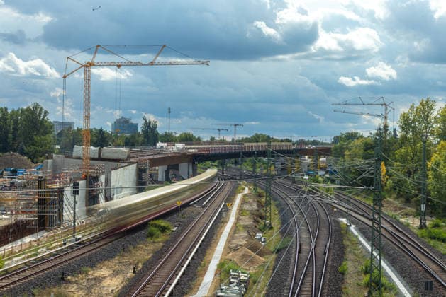 A100 Road Resurfacing of the Westend Bridge, Germany, Berlin-Westend, September 17, 2026: Construction site for the new A100 bridge over the Ringbahn tracks, built to replace the prestressed concrete structure that was demolished in the spring of 2025