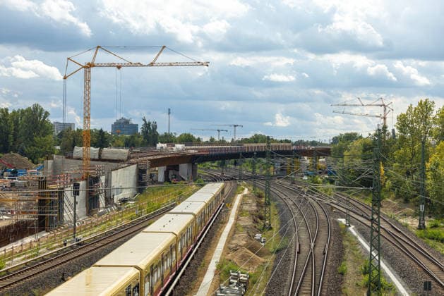 A100 Road Resurfacing of the Westend Bridge, Germany, Berlin-Westend, September 17, 2026: Construction site for the new A100 bridge over the Ringbahn tracks, built to replace the prestressed concrete structure that was demolished in the spring of 2025