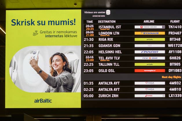 airBaltic files for bankruptcy protection VILNIUS, LITHUANIA - SEPTEMBER 17: A view of the departures screen at Vilnius Airport as the Latvia-based airBaltic files for restructuring under Chapter 11 bankruptcy protection in the United States amid rising fuel costs and liquidity pressures, in Vilnius, Lithuania, on September 17, 2026. Yauhen Yerchak Anadolu Vilnius Lithuania. Editorial use only. Please get in touch for any other usage.  Copyright: x2026xAnadoluxYauhenxYerchakx