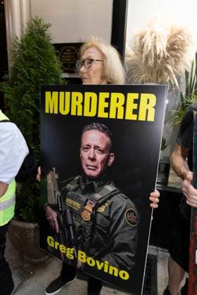 September 17, 2026: As attendees arrive for a New York Young Republican Club event with Greg Bovino, (not pictured) anti-ICE demonstrators stand outside holding signs and read the names of people who have died in Department of Homeland Security (DHS) custody or were killed by federal agents while acting as civilian rapid responders. Protesters hold signs that read MURDERER Greg Bovino with his image. Members of Rise and Resist denounce Bovino who led the Border Patrol and ICE occupation of Chicago and Minneapolis.  - ZUMAr174 20260917_znp_r174_003 Copyright: xGinaxMxRandazzox