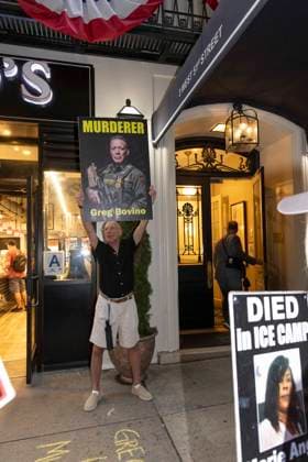 September 17, 2026: As attendees arrive for a New York Young Republican Club event with Greg Bovino, (not pictured) anti-ICE demonstrators stand outside holding signs and read the names of people who have died in Department of Homeland Security (DHS) custody or were killed by federal agents while acting as civilian rapid responders. Protesters hold signs that read MURDERER Greg Bovino with his image DIED in ICE CAMP. Members of Rise and Resist denounce Bovino who led the Border Patrol and ICE occupation of Chicago and Minneapolis.  - ZUMAr174 20260917_znp_r174_004 Copyright: xGinaxMxRandazzox