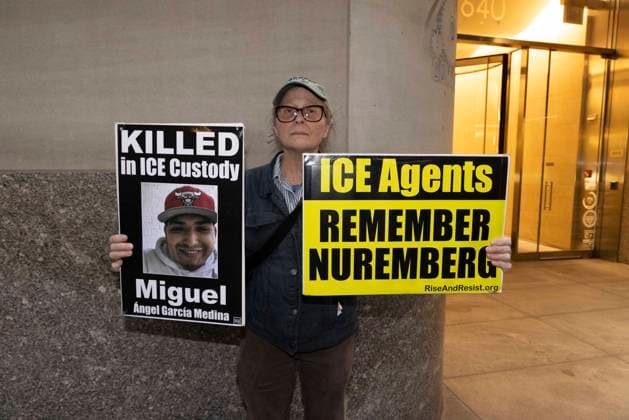 September 17, 2026: As attendees arrive for a New York Young Republican Club event with Greg Bovino, (not pictured) anti-ICE demonstrators stand outside holding signs and read the names of people who have died in Department of Homeland Security (DHS) custody or were killed by federal agents while acting as civilian rapid responders. A protester holds signs that read KILLED in ICE Custody Miguel Angel Garcia Medina with his picture ICE Agents REMEMBER NUREMBERG. Members of Rise and Resist denounce Bovino who led the Border Patrol and ICE occupation of Chicago and Minneapolis.  - ZUMAr174 20260917_znp_r174_007 Copyright: xGinaxMxRandazzox