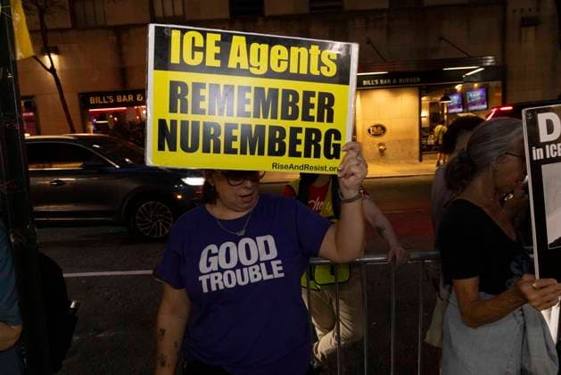 September 17, 2026: As attendees arrive for a New York Young Republican Club event with Greg Bovino, (not pictured) anti-ICE demonstrators stand outside holding signs and read the names of people who have died in Department of Homeland Security (DHS) custody or were killed by federal agents while acting as civilian rapid responders. A protester wears a shirt that reads GOOD TROUBLE and holds a sign that reads ICE Agents REMEMBER NUREMBERG. Members of Rise and Resist denounce Bovino who led the Border Patrol and ICE occupation of Chicago and Minneapolis.  - ZUMAr174 20260917_znp_r174_014 Copyright: xGinaxMxRandazzox