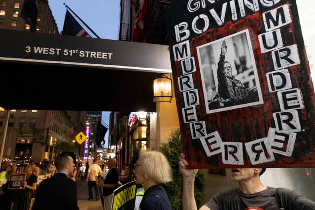 September 17, 2026: As attendees arrive for a New York Young Republican Club event with Greg Bovino, (not pictured) anti-ICE demonstrators stand outside holding signs and read the names of people who have died in Department of Homeland Security (DHS) custody or were killed by federal agents while acting as civilian rapid responders. Protesters hold signs that read BOVINO MURDERER with an image of him making a facist salute. Members of Rise and Resist denounce Bovino who led the Border Patrol and ICE occupation of Chicago and Minneapolis.  - ZUMAr174 20260917_znp_r174_015 Copyright: xGinaxMxRandazzox