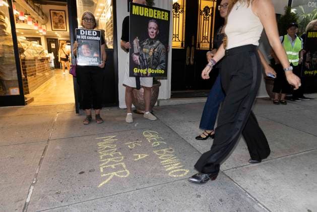 September 17, 2026: As attendees arrive for a New York Young Republican Club event with Greg Bovino, (not pictured) anti-ICE demonstrators stand outside holding signs and read the names of people who have died in Department of Homeland Security (DHS) custody or were killed by federal agents while acting as civilian rapid responders. Chalking on the sidewalk reads GREG BOVINO IS A MURDERER and protesters hold signs that read MURDERER Greg Bovino with his image DIED in ICE custody. Members of Rise and Resist denounce Bovino who led the Border Patrol and ICE occupation of Chicago and Minneapolis. - ZUMAr174 20260917_znp_r174_006 Copyright: xGinaxMxRandazzox
