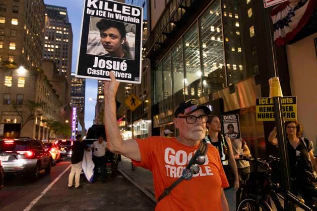 September 17, 2026: As attendees arrive for a New York Young Republican Club event with Greg Bovino, (not pictured) anti-ICE demonstrators stand outside holding signs and read the names of people who have died in Department of Homeland Security (DHS) custody or were killed by federal agents while acting as civilian rapid responders. A protester wears a shirt that reads GOOD TROUBLE and holds a sign that reads KILLED by ICE in Virginia Josue Castro Rivera with his picture. Members of Rise and Resist denounce Bovino who led the Border Patrol and ICE occupation of Chicago and Minneapolis.  - ZUMAr174 20260917_znp_r174_017 Copyright: xGinaxMxRandazzox